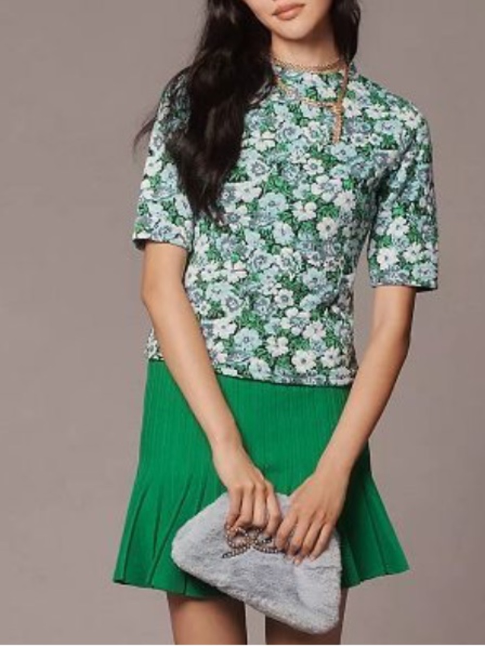 Maeve by Anthropology Floral Short-Sleeve Crewneck Top in Green and White